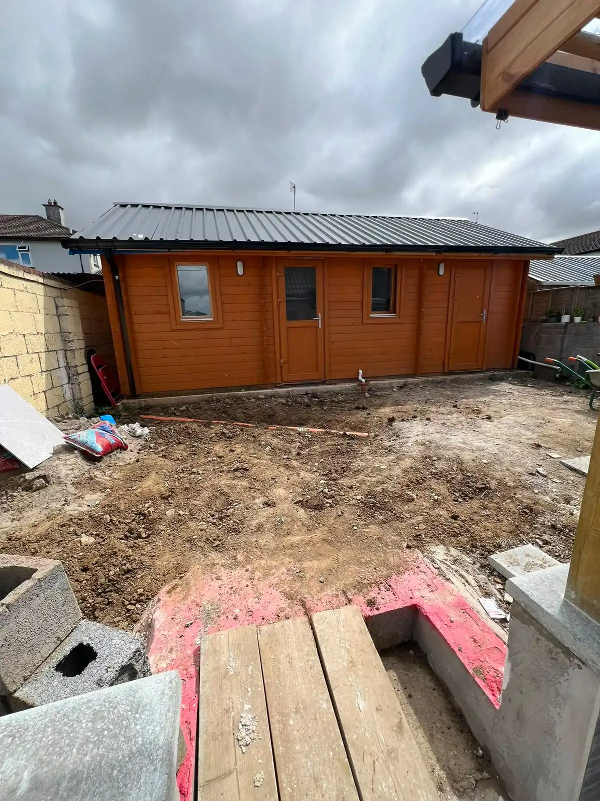 Patio area excavated and prepared for construction