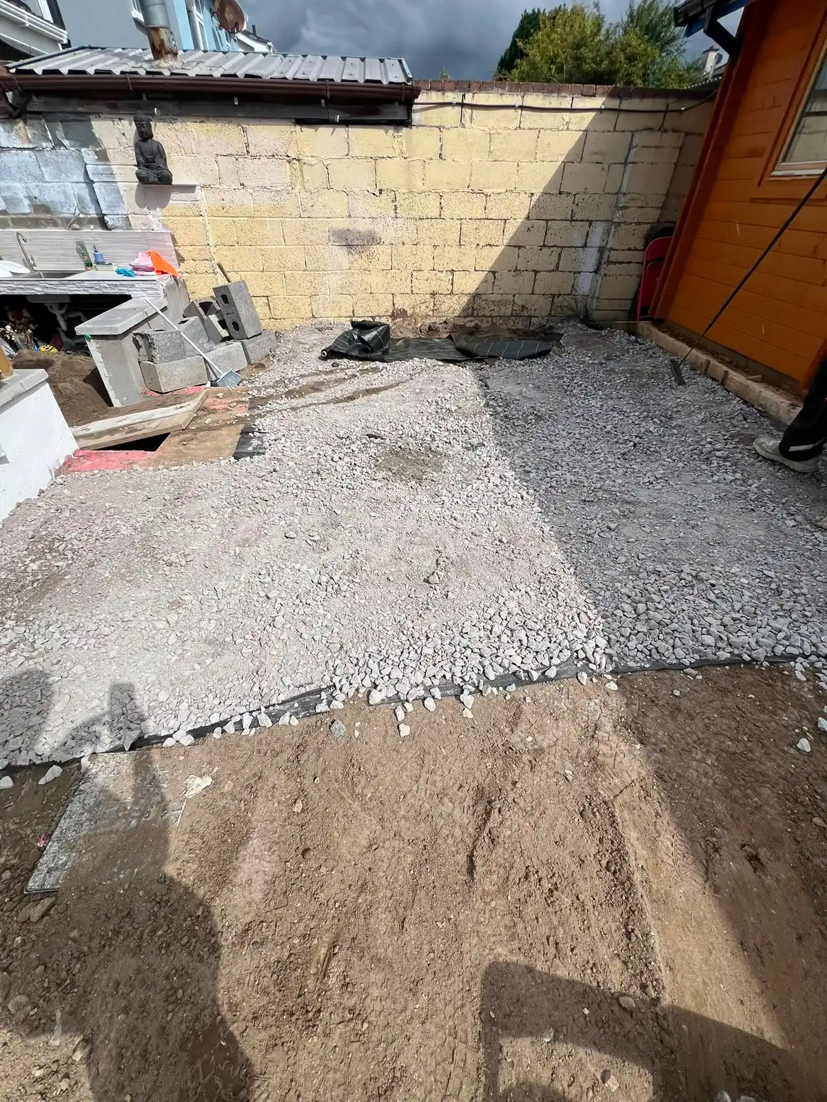 Patio foundation prepared with a compacted stone sub-base