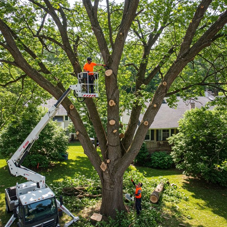 Certified arborist dismantling a tree section by section