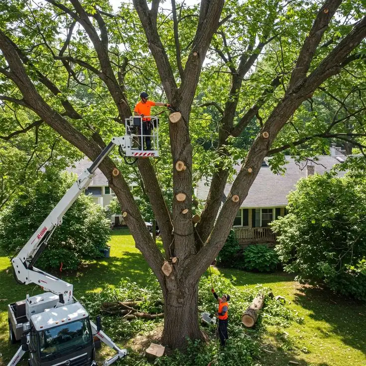 Certified arborist dismantling a tree section by section